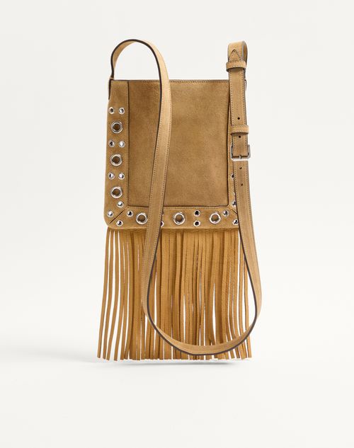 Valentino Garavani - Valentino Garavani Nellcôte Small Shoulder Bag In Suede With Fringes - Havana Beige - Woman - Shoulder Bags